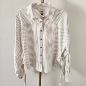 Cabi Tied Up Shirt Womens Size Medium Button Front White Tan Stripe Long Sleeve
